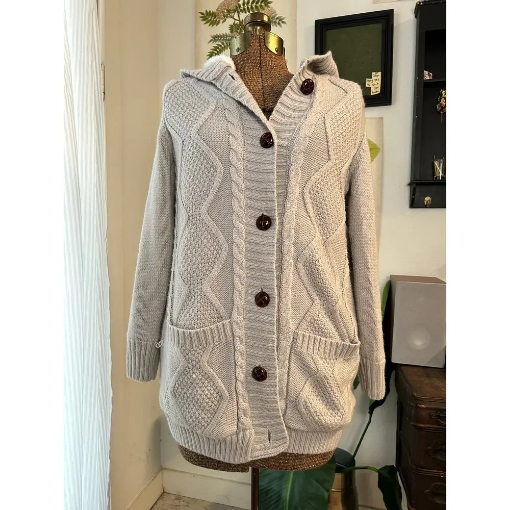Women’s Cardigan Size Small Gray Cable Knit Hooded Sherpa Lined Cottagecore - Picture 3 of 5